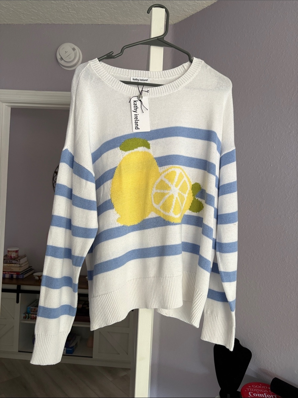 kathy ireland White & Light Blue Striped Sweater with Yellow Lemon Graphic